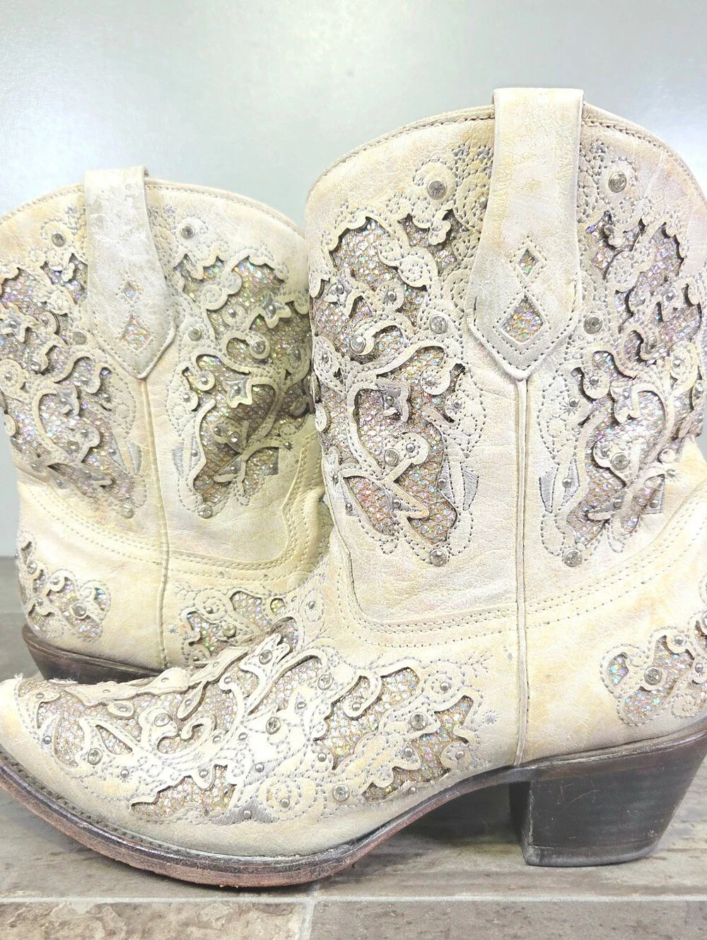 CORRAL INLAY & CRYSTAL WHITE BONE WESTERN BOOTS.